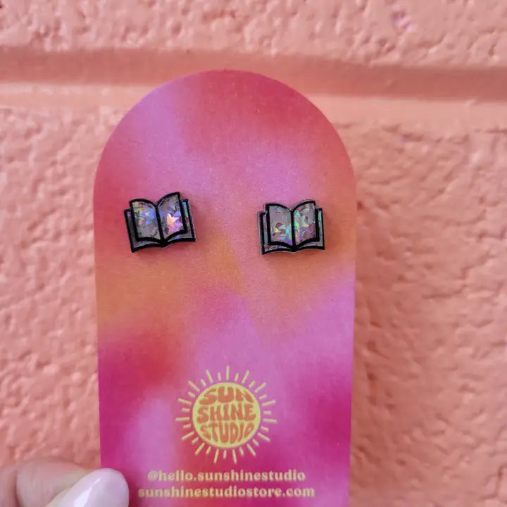 Open Book Tiny Stud Earrings: Black