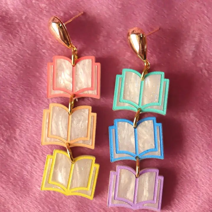 Rainbow Dangling Books Earrings