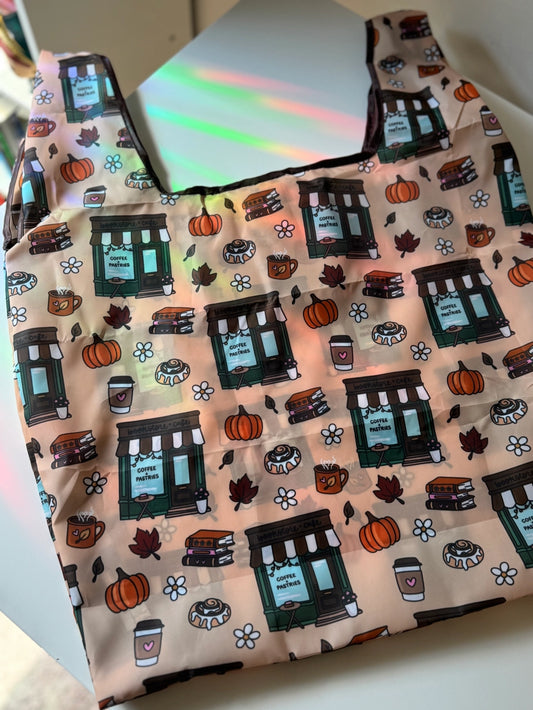 Cozy Autumn Bookstore Reusable Tote Bag