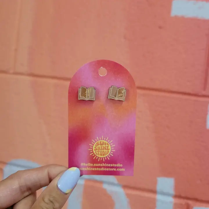 Open Book Tiny Stud Earrings: Gold Glitter Marble