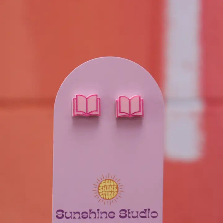Open Book Tiny Stud Earrings: Pink